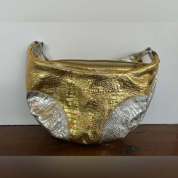 Pelle Gold & Silver Metallic Hobo Bag Made In Korea Croc Print Genuine Leather - Picture 2 of 5